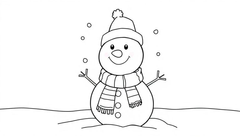 Schwarz-weiße Farbtafel eines freundlichen Schneemanns mit Hut und Schal im Schnee.