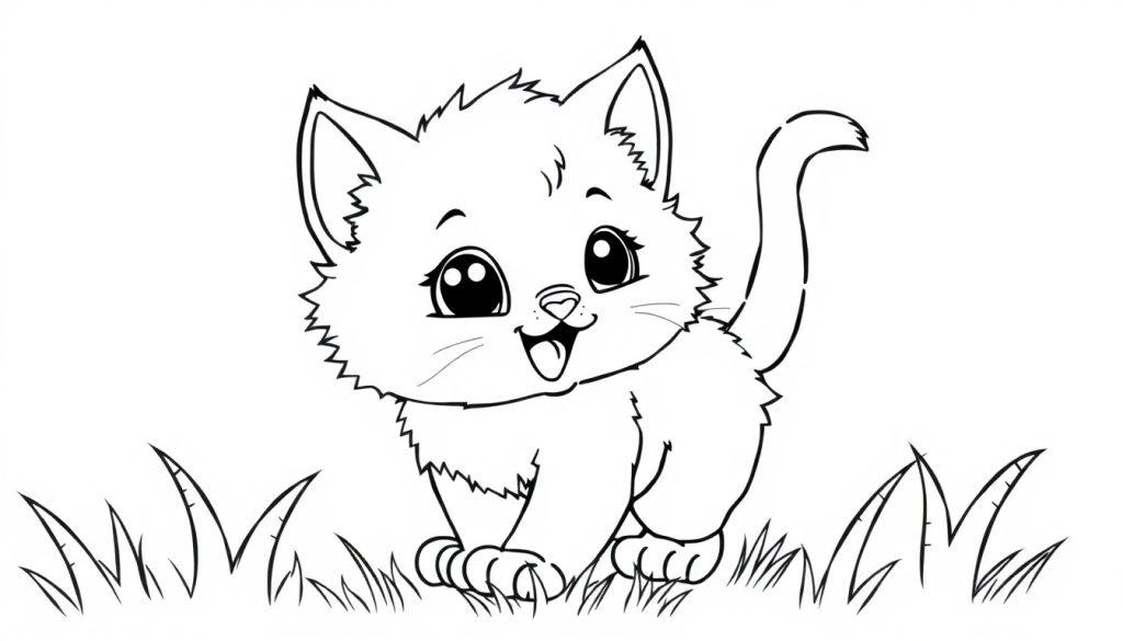 Eine niedliche Cartoon-Katze im Schwarz-Weiß-Stil steht auf einer Farbtafel im Gras.