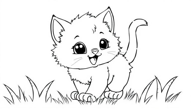 Eine niedliche Cartoon-Katze im Schwarz-Weiß-Stil steht auf einer Farbtafel im Gras.