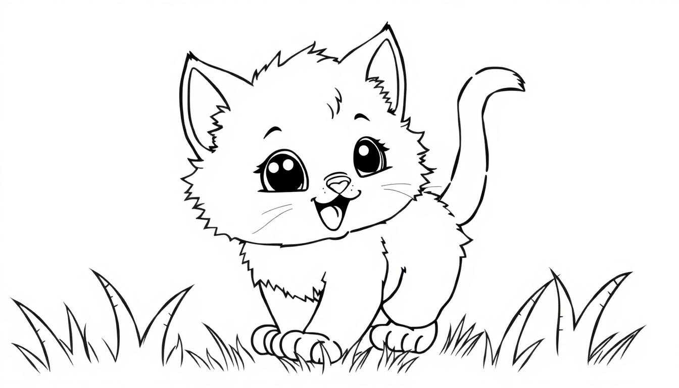 Eine niedliche Cartoon-Katze im Schwarz-Weiß-Stil steht auf einer Farbtafel im Gras.