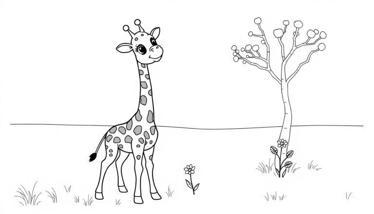 Ein niedliches Cartoon-Giraffenbaby auf einer Wiese, bereit zum Ausmalen, eine Farbtafel-Zeichnung.