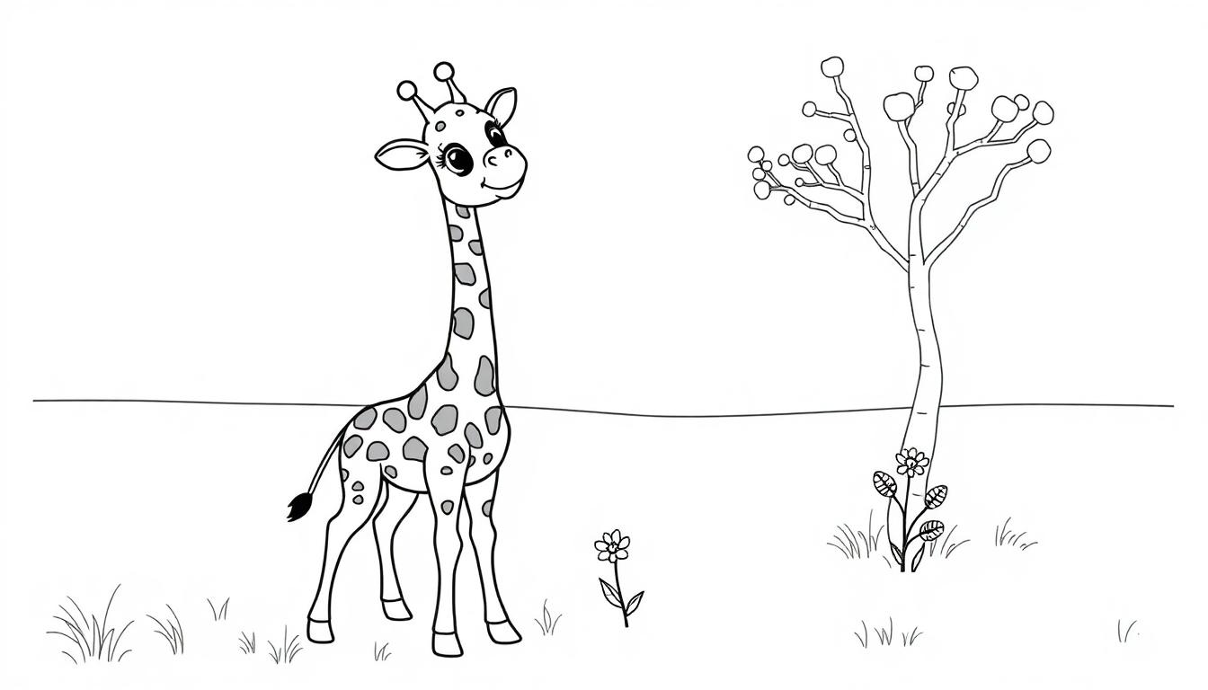 Ein niedliches Cartoon-Giraffenbaby auf einer Wiese, bereit zum Ausmalen, eine Farbtafel-Zeichnung.