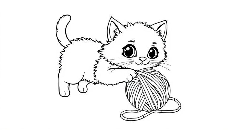 Eine niedliche Cartoon-Katze mit großen Augen spielt mit einem Wollknäuel, eine Schwarz-weiß-Farbtafel zum Ausmalen.