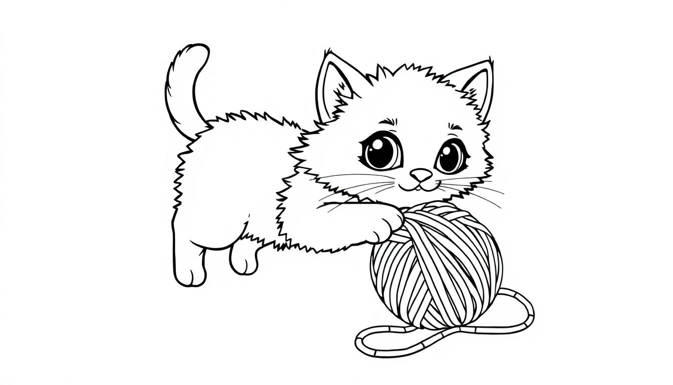 Eine niedliche Cartoon-Katze mit großen Augen spielt mit einem Wollknäuel, eine Schwarz-weiß-Farbtafel zum Ausmalen.