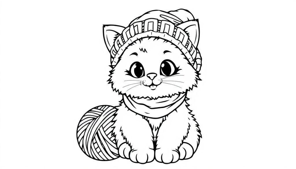 Ausmalbild einer niedlichen Cartoon-Katze mit einer Mütze und einem Schal, die neben einem Knäuel Wolle sitzt.