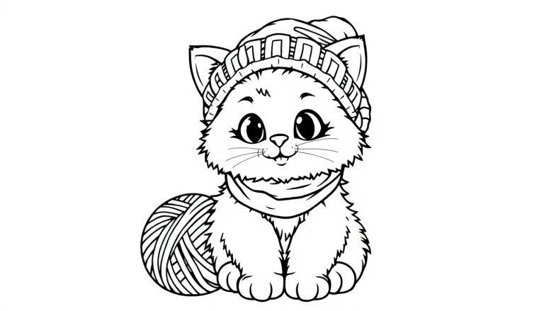 Ausmalbild einer niedlichen Cartoon-Katze mit einer Mütze und einem Schal, die neben einem Knäuel Wolle sitzt.