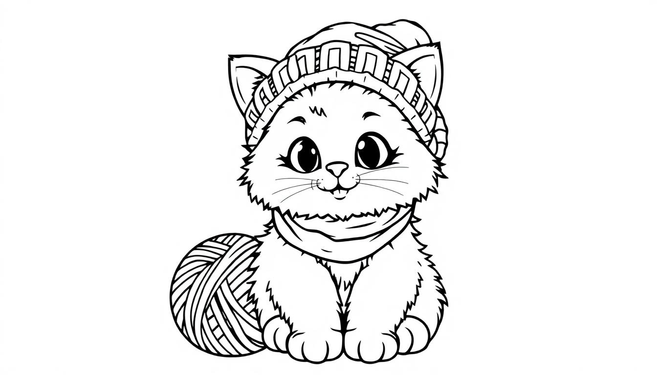 Ausmalbild einer niedlichen Cartoon-Katze mit einer Mütze und einem Schal, die neben einem Knäuel Wolle sitzt.
