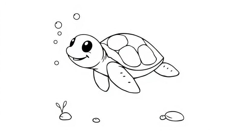 Eine süße Meeresschildkröte schwimmt im Meer, bereit zum Ausmalen als Farbtafel.