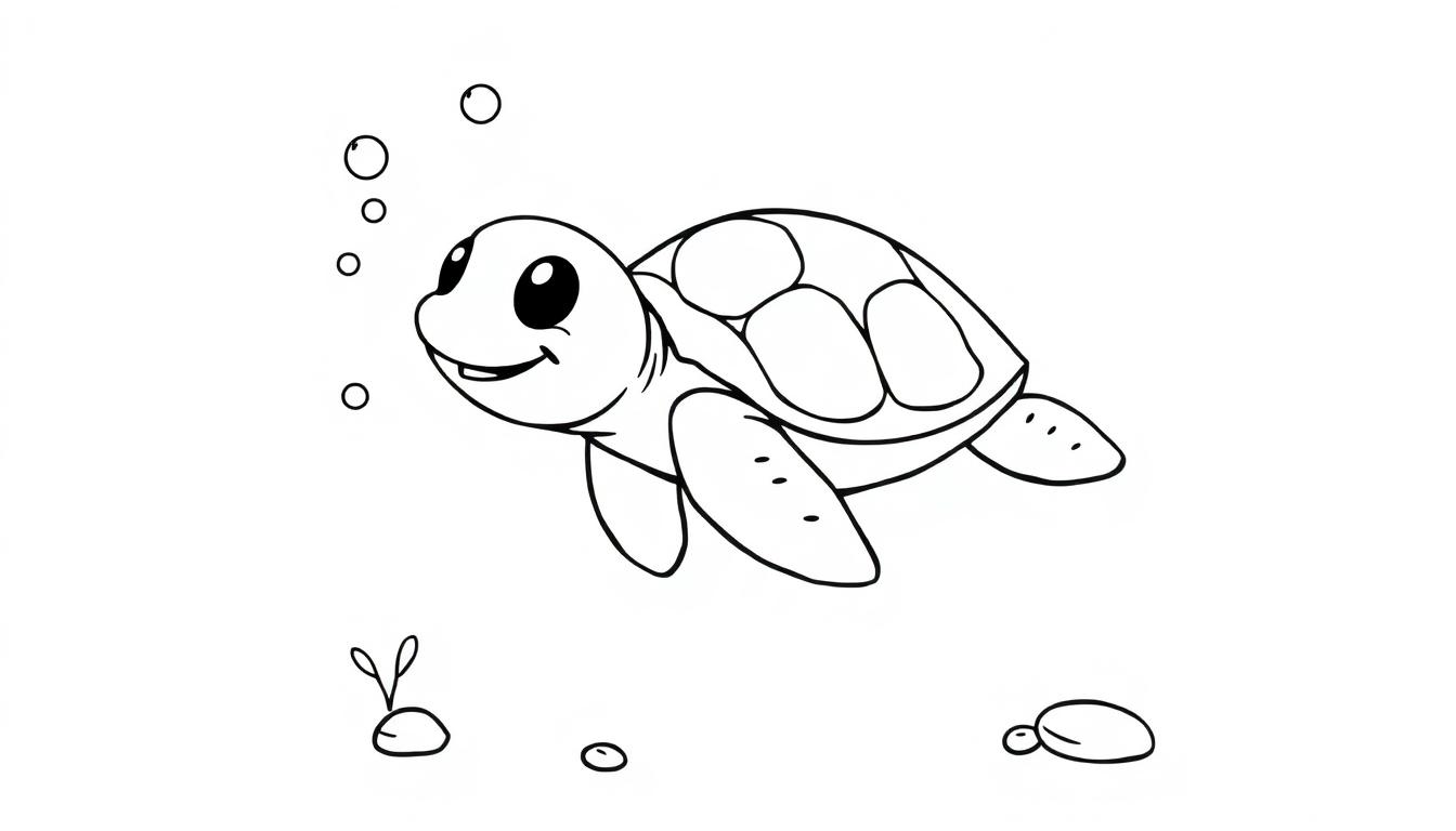 Eine süße Meeresschildkröte schwimmt im Meer, bereit zum Ausmalen als Farbtafel.