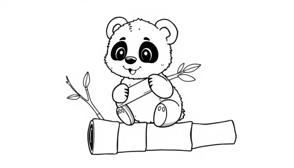 Eine Schwarz-Weiß-Farbtafel eines niedlichen Panda-Babys, das auf Bambus sitzt.