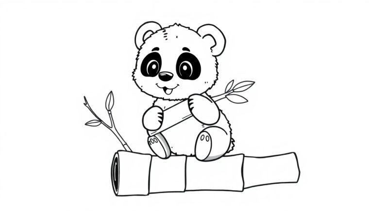 Eine Schwarz-Weiß-Farbtafel eines niedlichen Panda-Babys, das auf Bambus sitzt.