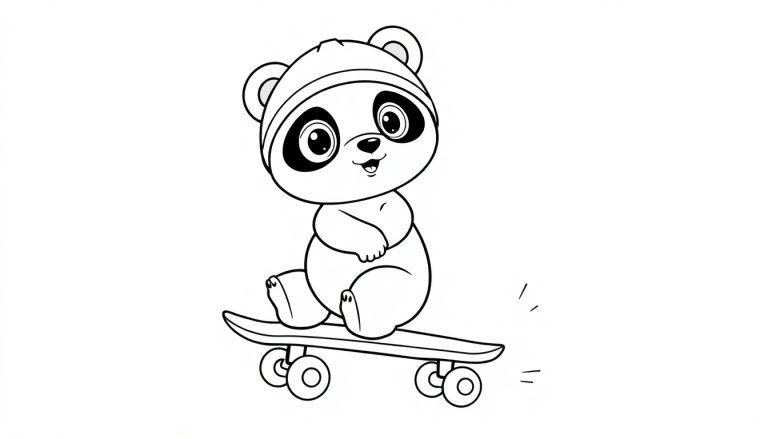 Schwarz-weiße Farbtafel eines niedlichen Cartoon-Pandas auf einem Skateboard mit einer Mütze.