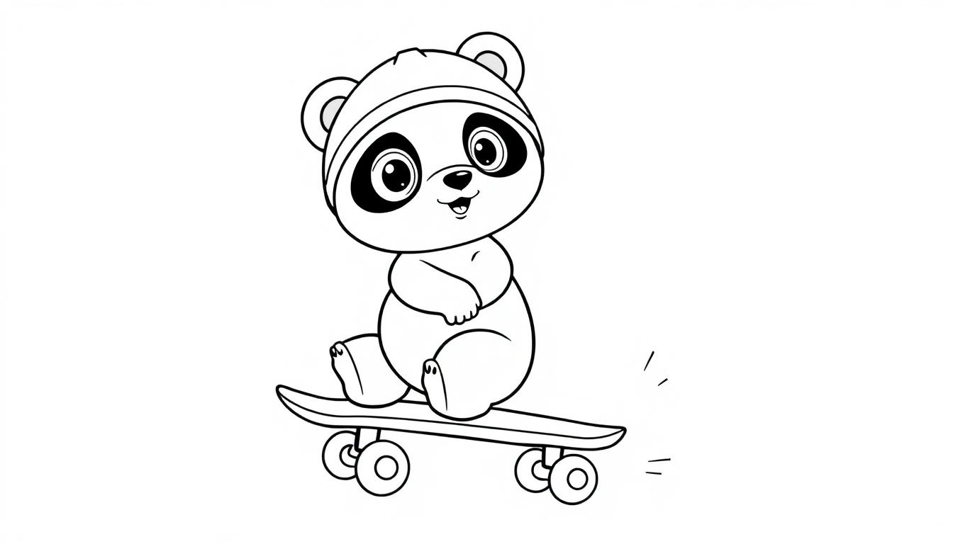 Schwarz-weiße Farbtafel eines niedlichen Cartoon-Pandas auf einem Skateboard mit einer Mütze.