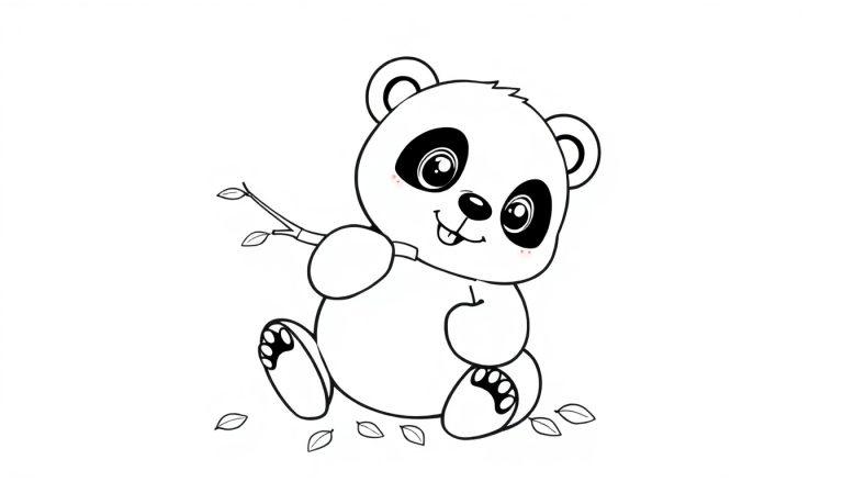 Eine Schwarz-Weiß-Farbtafel eines niedlichen Pandas, der einen Ast hält.