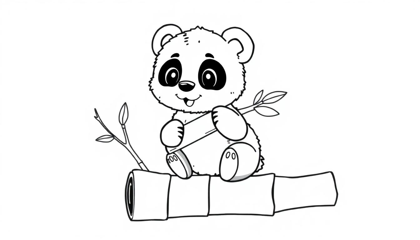 Eine Schwarz-Weiß-Farbtafel eines niedlichen Panda-Babys, das auf Bambus sitzt.
