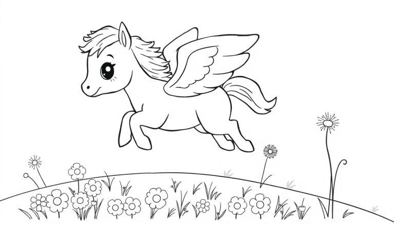 Schwarz-weiß Farbtafel eines niedlichen Pegasus, der über Blumen fliegt.