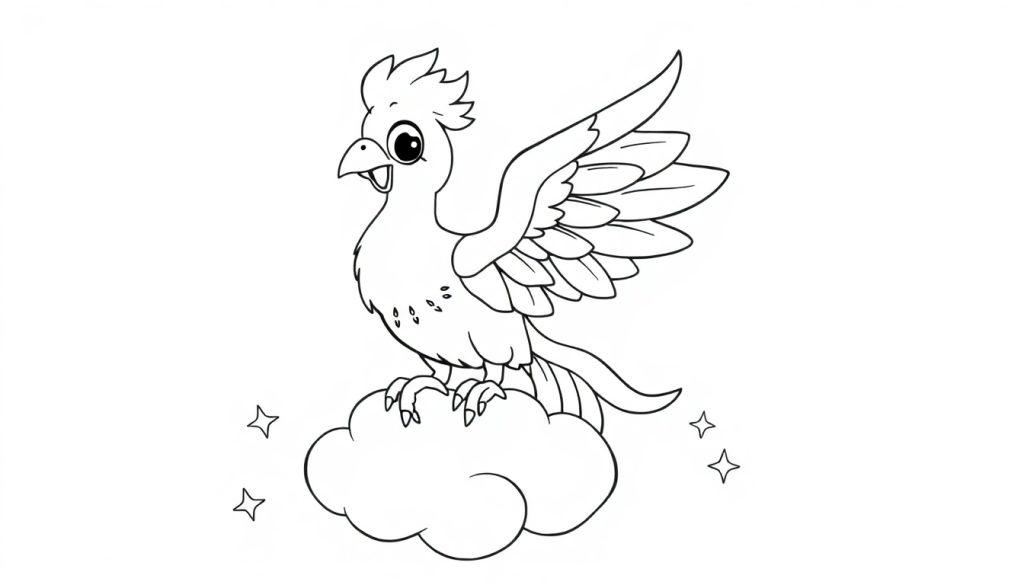 Eine Schwarz-Weiß-Farbtafel eines niedlichen Phönix-Vogels auf einer Wolke.
