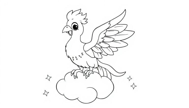 Eine Schwarz-Weiß-Farbtafel eines niedlichen Phönix-Vogels auf einer Wolke.