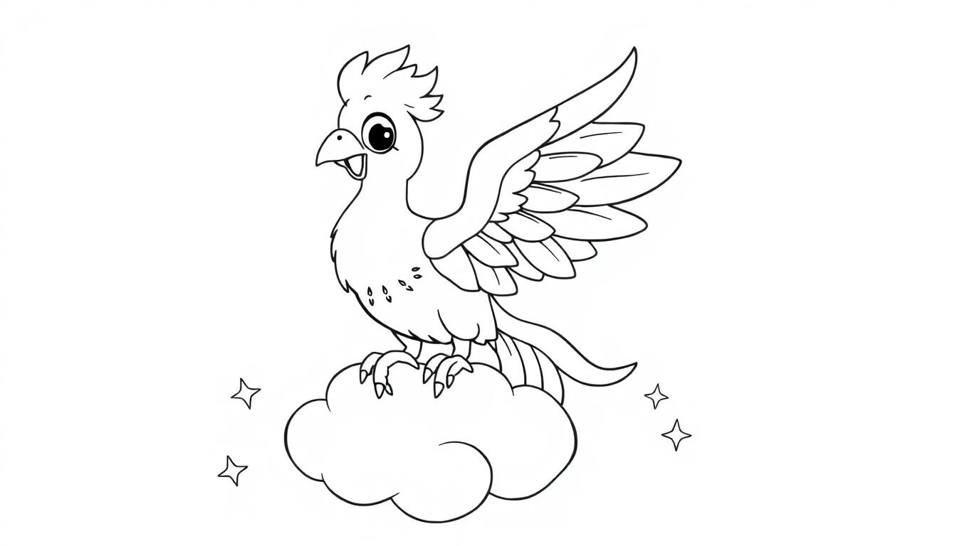 Eine Schwarz-Weiß-Farbtafel eines niedlichen Phönix-Vogels auf einer Wolke.
