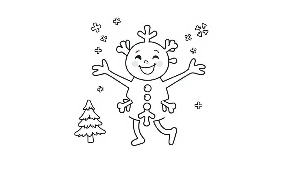 Eine niedliche Schneeflocke zum Ausmalen mit Armen, die lächelt und inmitten anderer Schneeflocken und eines kleinen Weihnachtsbaums steht.
