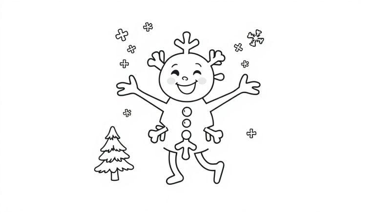 Eine niedliche Schneeflocke zum Ausmalen mit Armen, die lächelt und inmitten anderer Schneeflocken und eines kleinen Weihnachtsbaums steht.
