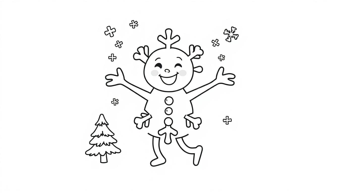 Eine niedliche Schneeflocke zum Ausmalen mit Armen, die lächelt und inmitten anderer Schneeflocken und eines kleinen Weihnachtsbaums steht.