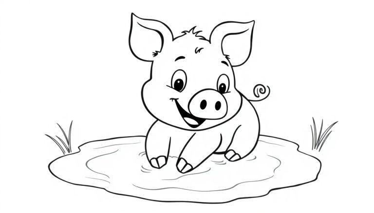 Eine Schwarz-Weiß-Farbtafel eines süßen, lächelnden Schweins, das in einer Pfütze sitzt.