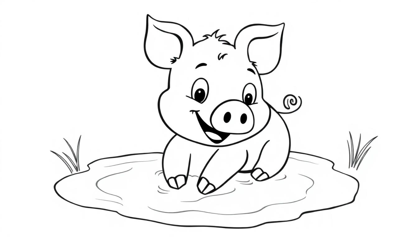 Eine Schwarz-Weiß-Farbtafel eines süßen, lächelnden Schweins, das in einer Pfütze sitzt.