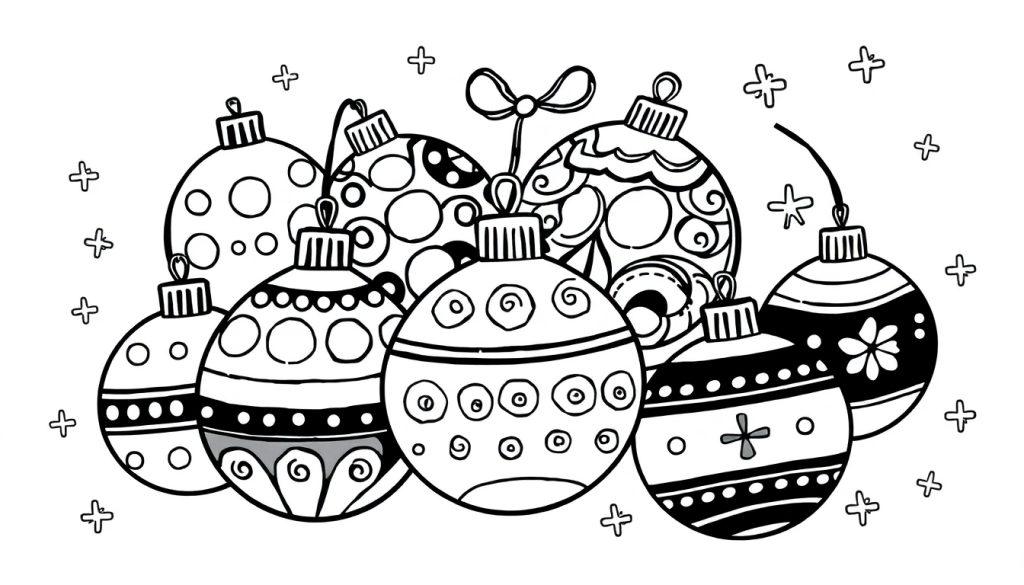 Schwarz-weiße Farbtafel mit niedlichen Weihnachtskugeln, die darauf warten, ausgemalt zu werden.