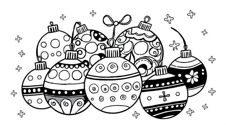 Schwarz-weiße Farbtafel mit niedlichen Weihnachtskugeln, die darauf warten, ausgemalt zu werden.