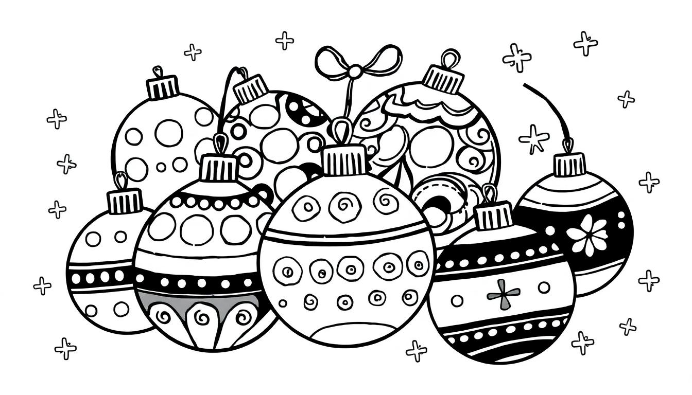 Schwarz-weiße Farbtafel mit niedlichen Weihnachtskugeln, die darauf warten, ausgemalt zu werden.