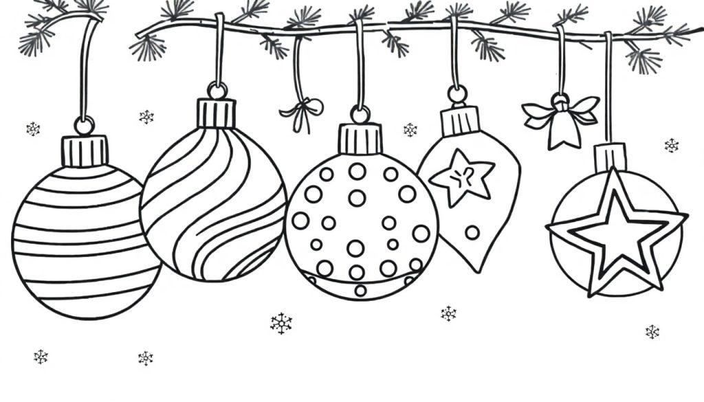 Eine Schwarz-Weiß-Farbtafel mit süßen Weihnachtskugeln und Mustern zum Ausmalen.