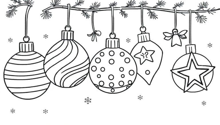 Eine Schwarz-Weiß-Farbtafel mit süßen Weihnachtskugeln und Mustern zum Ausmalen.