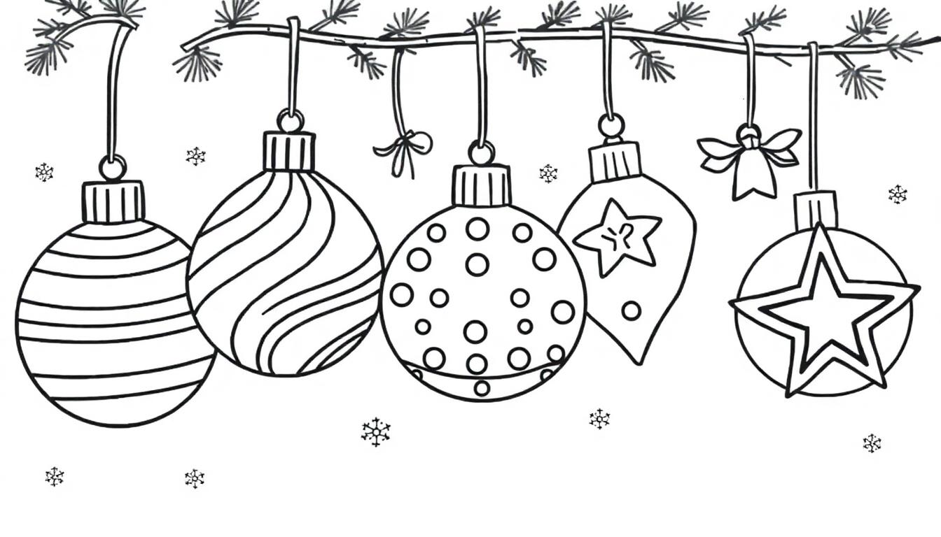 Eine Schwarz-Weiß-Farbtafel mit süßen Weihnachtskugeln und Mustern zum Ausmalen.