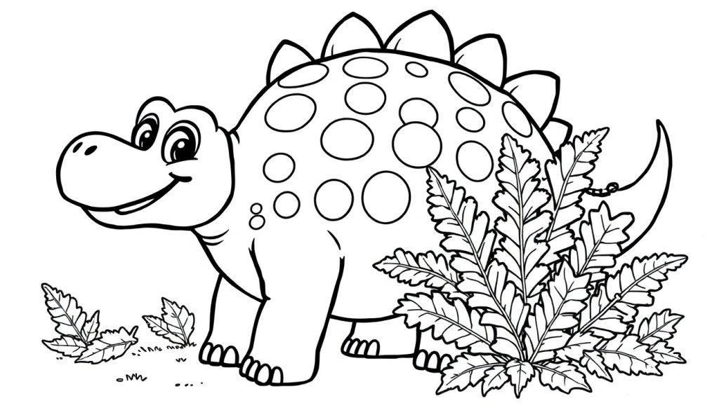 Eine Schwarz-Weiß-Farbtafel eines niedlichen Cartoon-Ankylosaurus mit Panzerplatten, der vor Farnen steht.