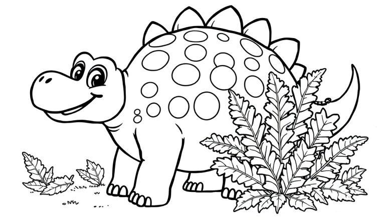 Eine Schwarz-Weiß-Farbtafel eines niedlichen Cartoon-Ankylosaurus mit Panzerplatten, der vor Farnen steht.