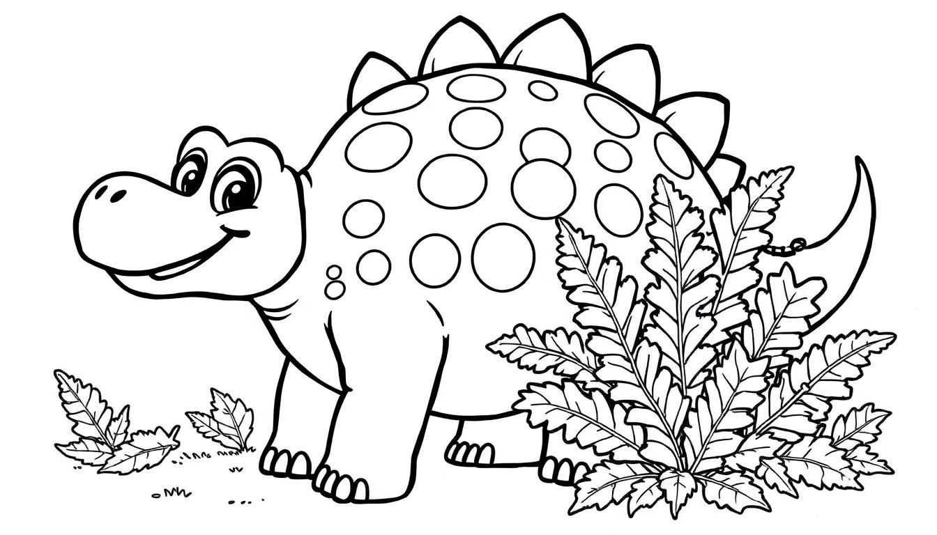Eine Schwarz-Weiß-Farbtafel eines niedlichen Cartoon-Ankylosaurus mit Panzerplatten, der vor Farnen steht.