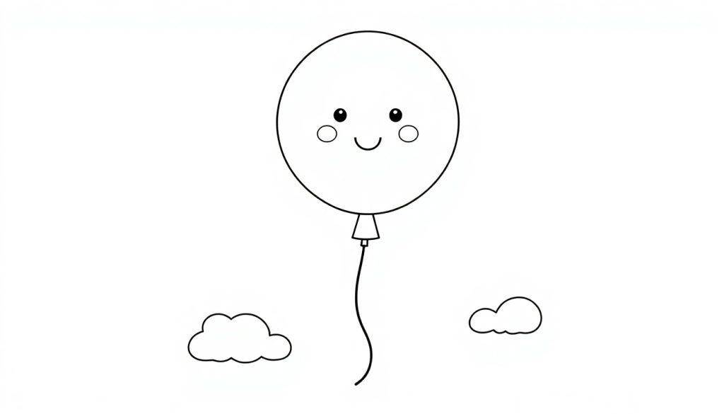 Eine niedliche Schwarz-Weiß-Farbtafel eines Ballons mit einem lachenden Gesicht, der an einer Schnur hängt, mit kleinen Wolken daneben.