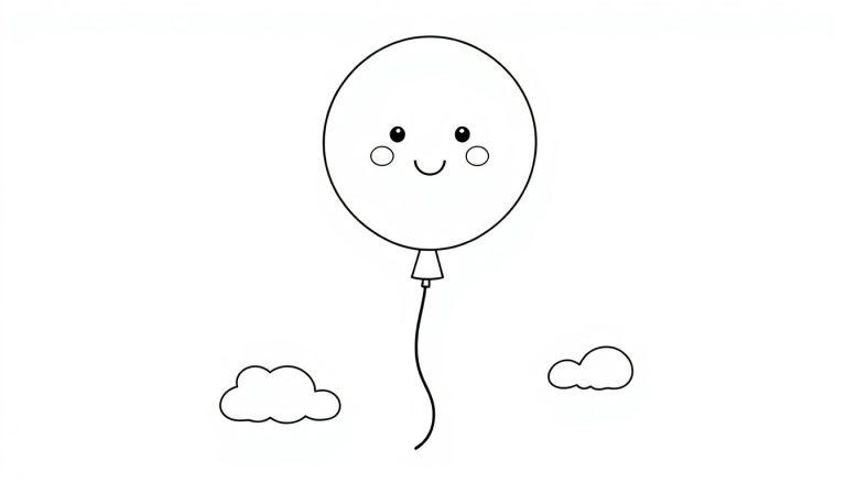 Eine niedliche Schwarz-Weiß-Farbtafel eines Ballons mit einem lachenden Gesicht, der an einer Schnur hängt, mit kleinen Wolken daneben.