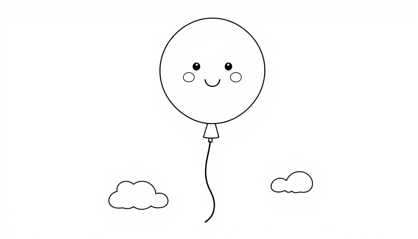 Eine niedliche Schwarz-Weiß-Farbtafel eines Ballons mit einem lachenden Gesicht, der an einer Schnur hängt, mit kleinen Wolken daneben.