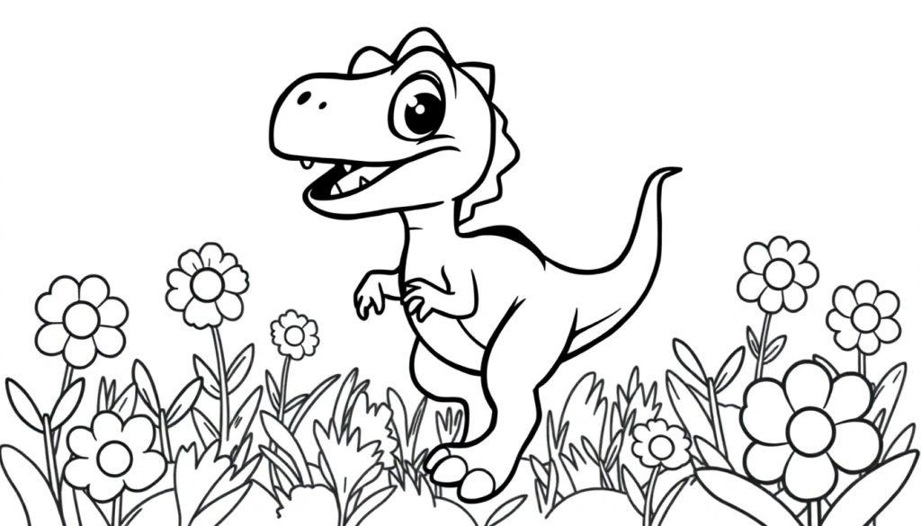 Schwarz-weiße Farbtafel eines freundlichen Tyrannosaurus Rex in einer Blumenwiese.