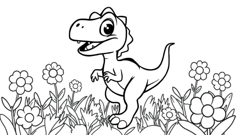 Schwarz-weiße Farbtafel eines freundlichen Tyrannosaurus Rex in einer Blumenwiese.