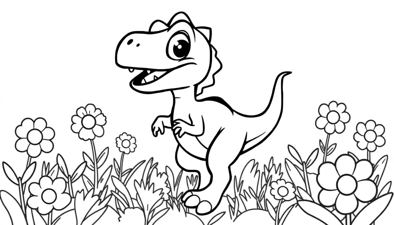 Schwarz-weiße Farbtafel eines freundlichen Tyrannosaurus Rex in einer Blumenwiese.