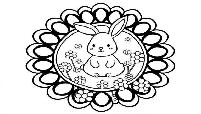 Ein niedlicher Hase sitzt inmitten einer Farbtafel aus Blumen.