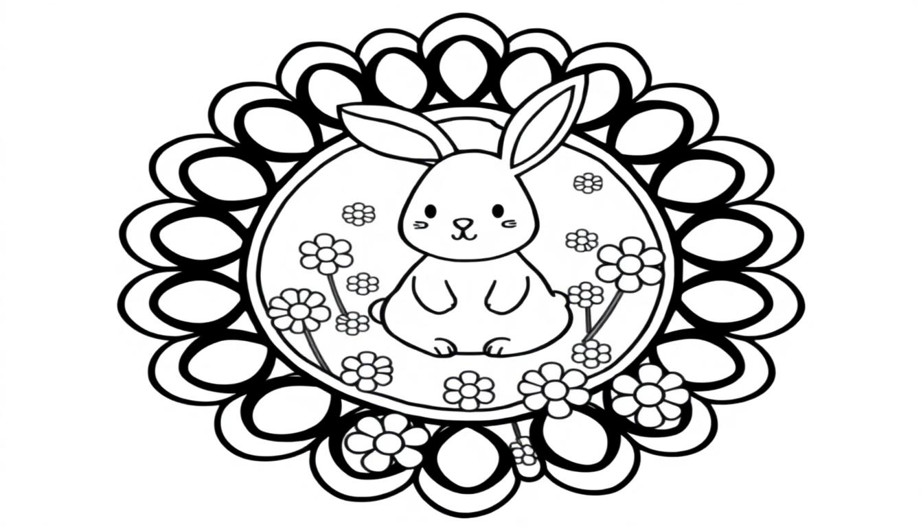 Ein niedlicher Hase sitzt inmitten einer Farbtafel aus Blumen.