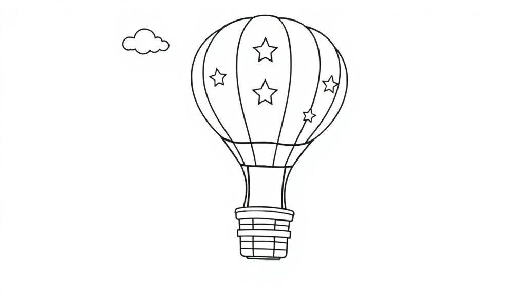 Schwarz-Weiß-Farbtafel eines niedlichen Heißluftballons mit Sternen und einer Wolke.