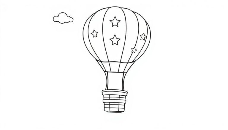 Schwarz-Weiß-Farbtafel eines niedlichen Heißluftballons mit Sternen und einer Wolke.
