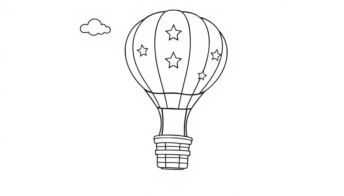 Schwarz-Weiß-Farbtafel eines niedlichen Heißluftballons mit Sternen und einer Wolke.