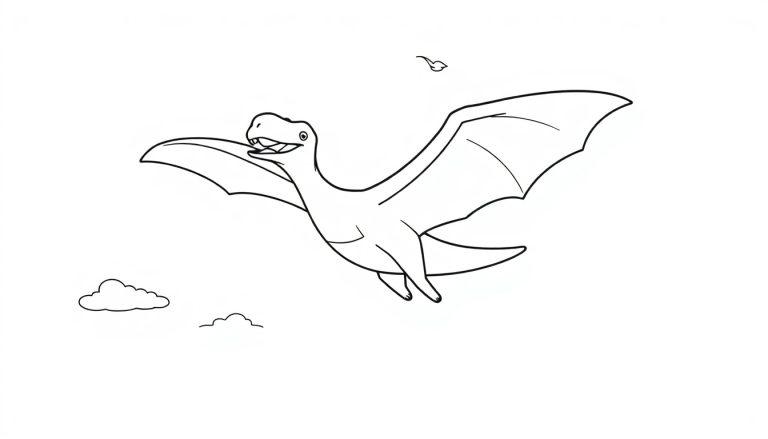 Schwarz-weiße Farbtafel eines cartoonartigen Pteranodons, der fliegt.