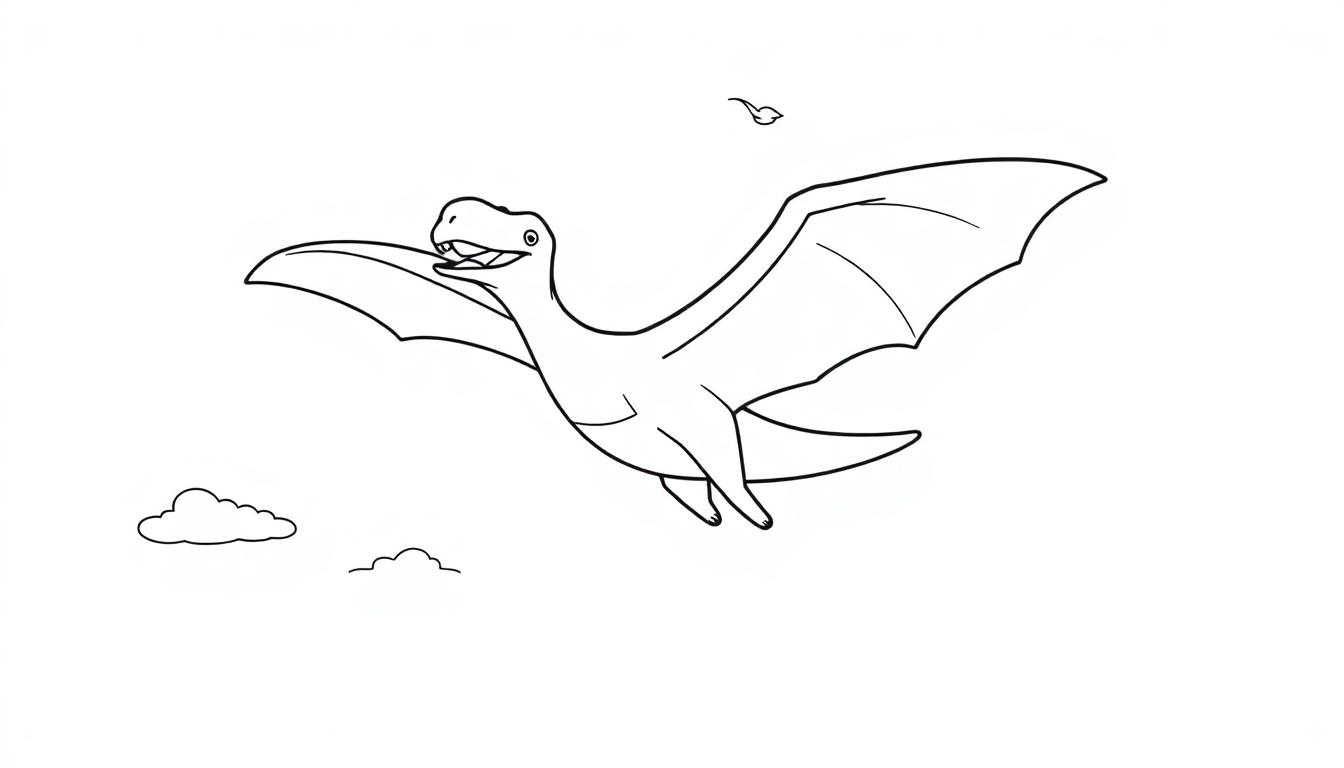 Schwarz-weiße Farbtafel eines cartoonartigen Pteranodons, der fliegt.